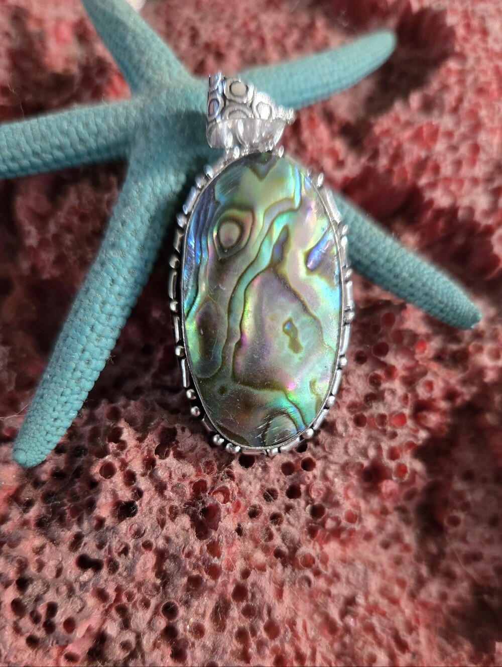 Abalone Oval Pendant - Iridescent Green Blue Handmade